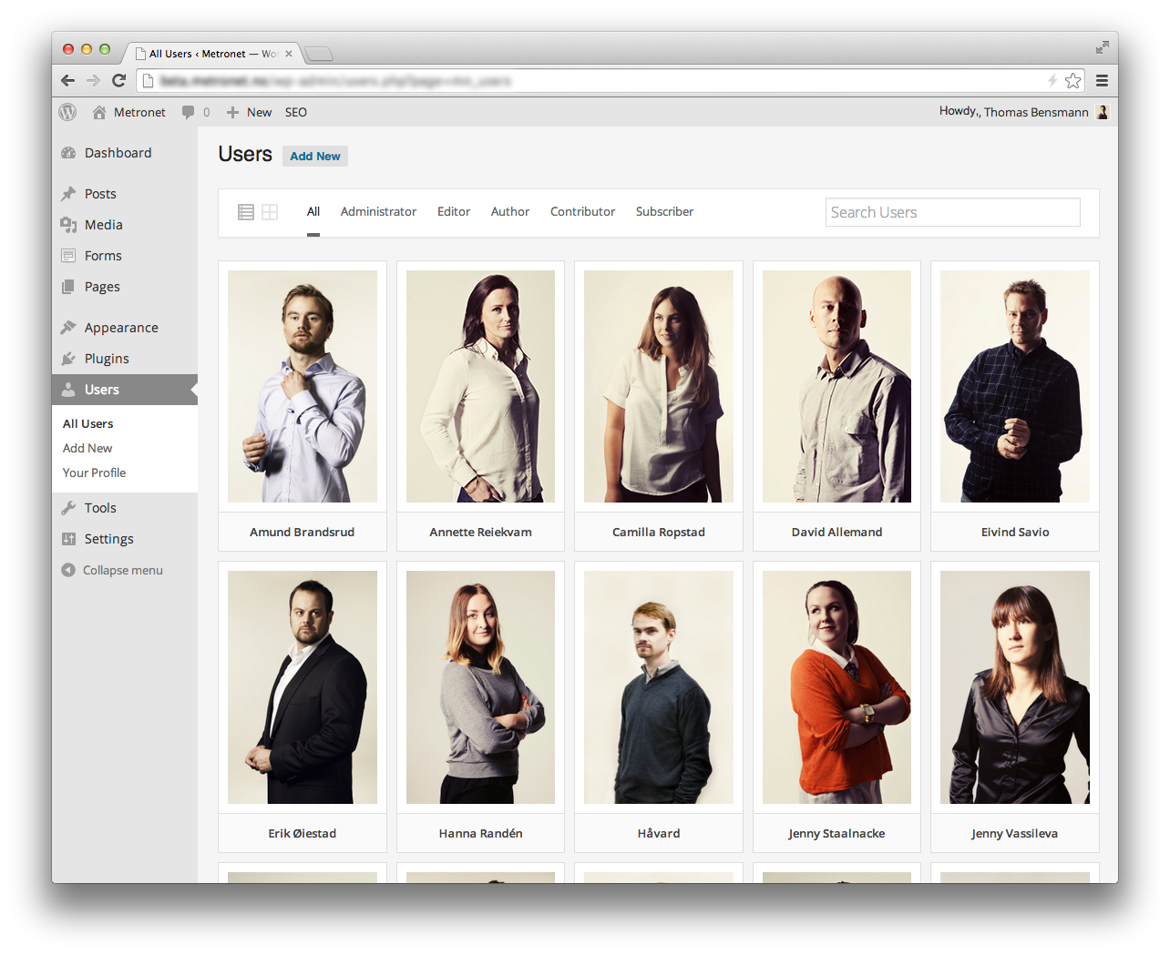 Grid view for Users section in WordPress admin panel