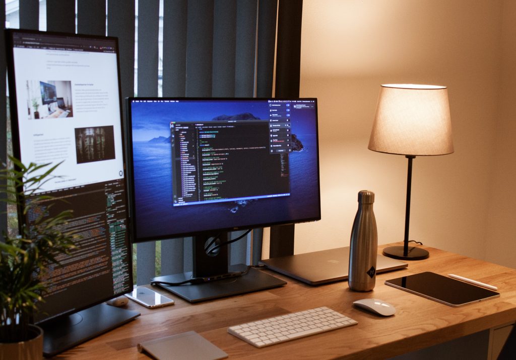 An earlier desk setup where I had a seondary monitor in portrait mode